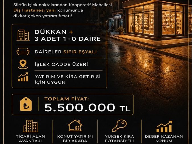 Koperatif mah diş hastanesi yanı satılık dükkan ve 3 Adet 1+0 daire